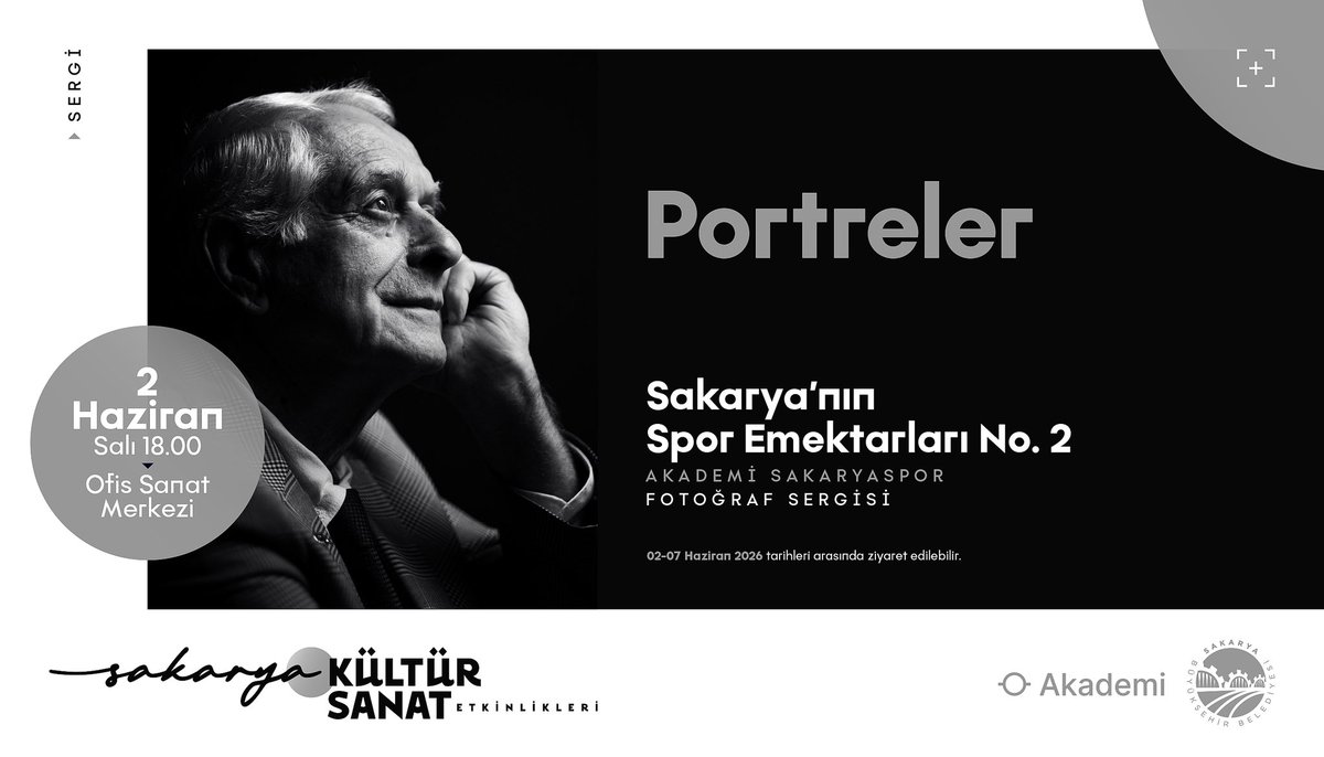 sakaryakultur's tweet photo. 📸🏅 Sakarya sporuna yıllarını vermiş emektar isimlerin hikâyeleri, objektiflerden yansıyan özel karelerle sanatseverlerle buluşuyor.

“Portreler: Sakarya’nın Spor Emektarları No. 2” Fotoğraf Sergi açılışına davetlisiniz. 

🗓️ 2 Haziran Salı
🕕 18.00
📍 Ofis Sanat Merkezi

🖼️ Sergi, 2-7 Haziran tarihleri arasında ziyaret edilebilir.