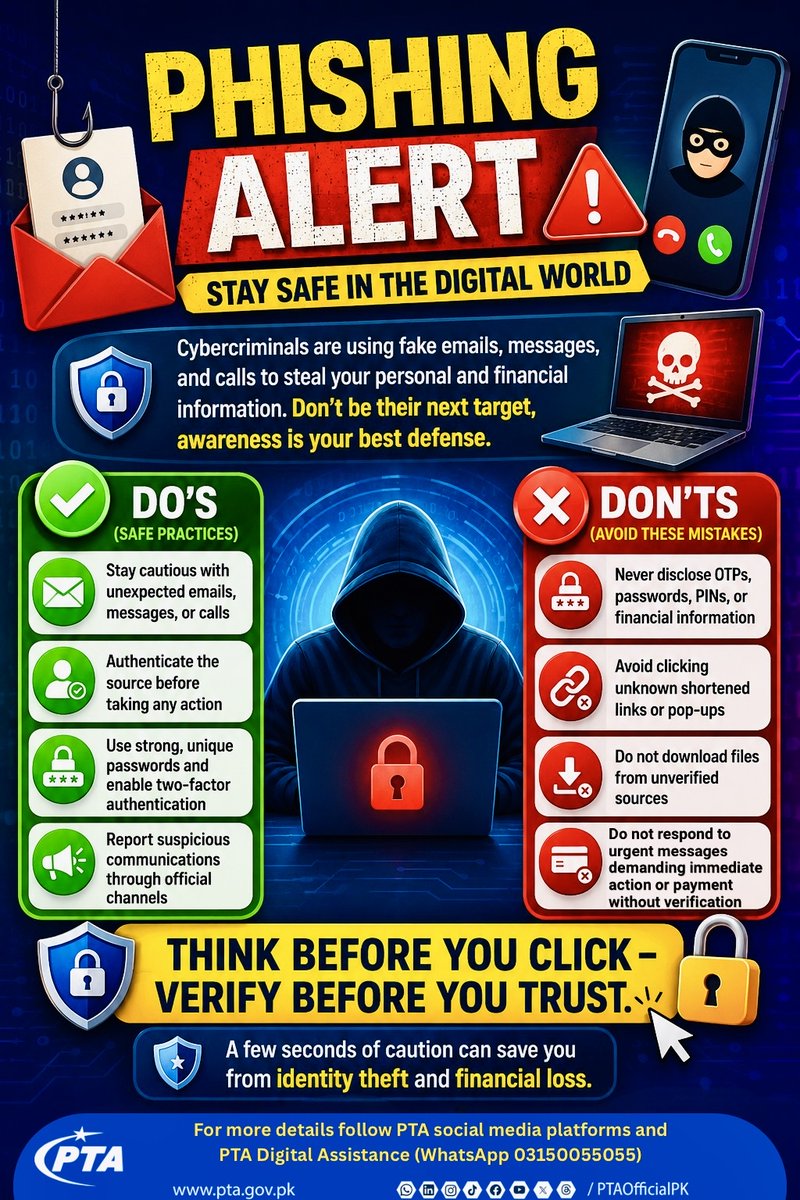 PTAofficialpk's tweet photo. Urgent Alert: Phishing Scams!
Stay cautious - PTA or any Offical organisation will NEVER ask for your personal details, passwords, or OTPs via call, email, or message.
Protect yourself and stay vigilant.
#PhishingScam #OnlineFraud #CyberSecurity #DataProtection #DigitalSafety #StayAlert #DeepfakeAlert #AIethics #DigitalDeception #Misinformation #MediaLiteracy #TechForGood #CyberSecurity #FakeNews #StayInformed #ResponsibleTech #ScamAwareness #PTA #FIA #StateBank #SecureYourData #ThinkBeforeYouClick #viral #trending #toptrending #goviral