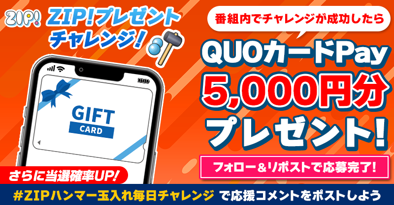 ZIP_TV's tweet photo. 5️⃣0️⃣0️⃣0️⃣円分のQUOカードが
成功するたび当たる❣
ZIP! チャレンジ！ハンマー玉入れ

📝参加方法
1️⃣@ZIP_TV をフォロー☑
2️⃣この投稿をリポスト🔄
➕#ZIPハンマー玉入れ毎日チャレンジ を付けて
応援コメントを投稿で当選率UP⤴

木曜日よる9時まで

詳細は以下をチェック👇#ZIP
https://t.co/z5qJAHbdPB