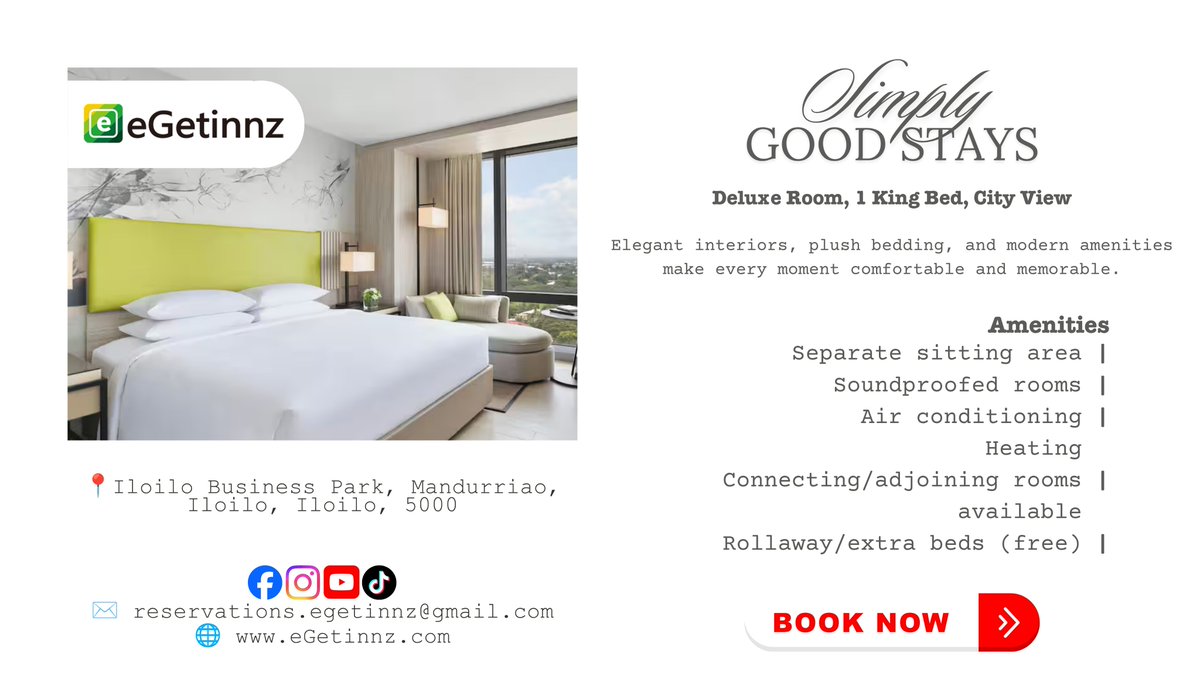 EgetinnzA58603's tweet photo. https://t.co/amg3okEZbi | Iloilo City Stay πβ¨
Deluxe King Room with city view and modern comfort in Iloilo Business Park. π©
π Book via https://t.co/amg3okEZbi
#eGetinnzPH #TravelWitheGetinnz #BookwitheGetinnz #IloiloStaycation #IloiloPH #StaycationPH #TravelPH https://t.co/6SpcFPeG7t