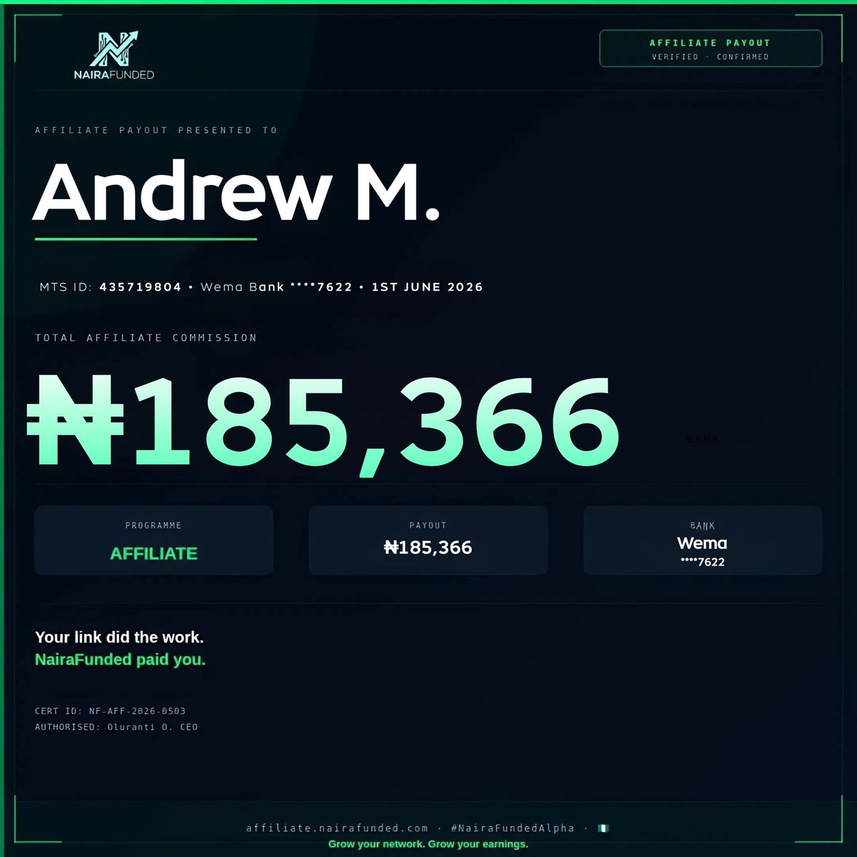 NairafundedLtd's tweet photo. Affiliate payout day 🔥
No be only traders dey earn from Nairafunded 
Do you have a trading community? Share your link. Refer traders. Earn commissions. And become a  landlord today .
Ready to start earning? 
Visit our website today 👉 

#AffiliateMarketing #PassiveIncome #ForexNigeria #EarnOnline