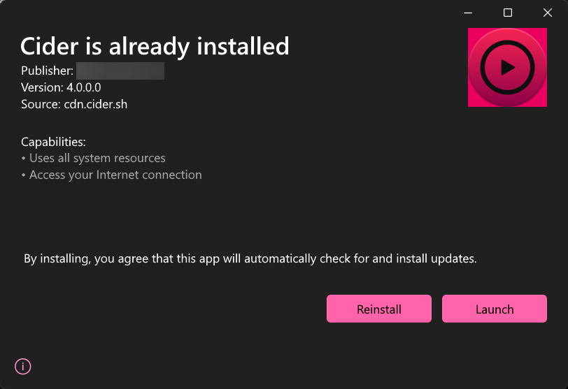 UseCider's tweet photo. Not only does the app better pass Smartscreen; It also now supports auto-updates via MSIX packaging! https://t.co/i6cGHq9UcW