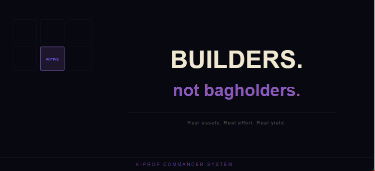 K_Prop_Official's tweet photo. K-Prop isn't for people waiting for numbers to go up.

It's for builders — people who understand that real assets take time, community compounds, and yield from actual business revenue is worth more than three months of fake APY.

The Commander System means your team's effort is your multiplier. Active factions earn more. Full stop.

Build something real. https://t.co/yycAAQXZu0 🛡️