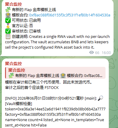 _unisignal's tweet photo. 2026年6月1日-监控分享（Flap-新增审计模板）

FSTOCK
0xe36a3e14ee52a6d19411f8239db08b06b42a7777

监控解释：
1、此模版审计前有3个代币，此模版审计后创建��FSTOCK

注意事项： 
1、此监控为主频道，后续信息请留意监控推送
2、若发现推送提醒，请及时点击网站交叉核对 
3、此推文不提供任何财务建议

下面表单里有我们其他的监控，有需要的老师可以填表单购
https://t.co/6gxc9OvbMT