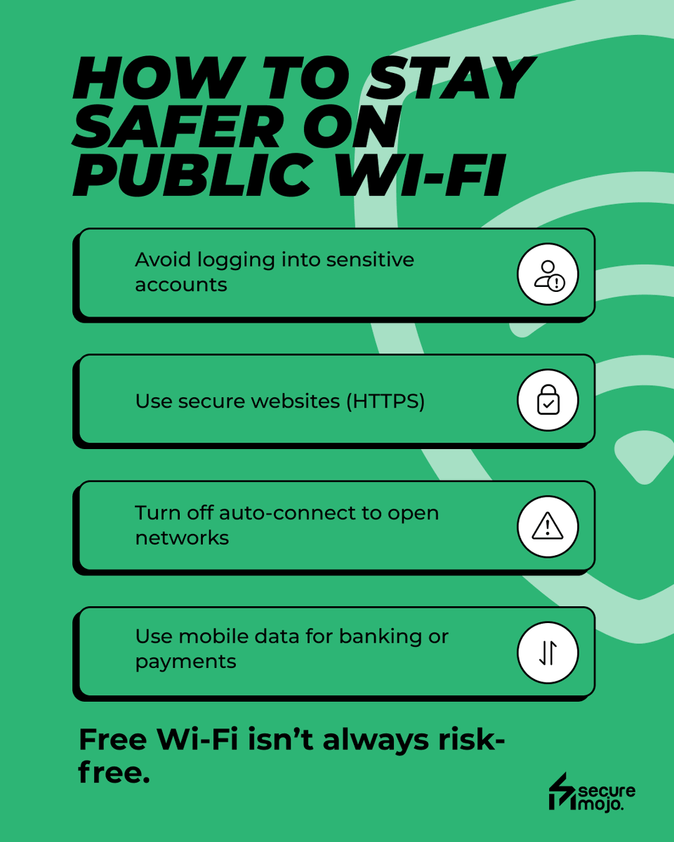 SecureMojo's tweet photo. That free Wi-Fi connection 📶
May not be as free as you think 👀 

#SecureMojo #Cybersecurity #OnlineSafety #DigitalHygiene #CyberSmart #PublicWiFi #WiFiSecurity #SecureBrowsing #ManInTheMiddle #didyouknow https://t.co/tfgU2znKTc