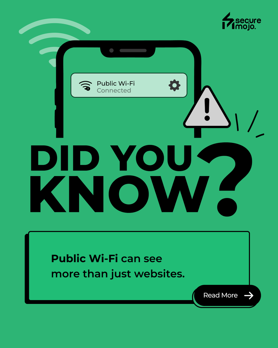 SecureMojo's tweet photo. That free Wi-Fi connection 📶
May not be as free as you think 👀 

#SecureMojo #Cybersecurity #OnlineSafety #DigitalHygiene #CyberSmart #PublicWiFi #WiFiSecurity #SecureBrowsing #ManInTheMiddle #didyouknow https://t.co/tfgU2znKTc