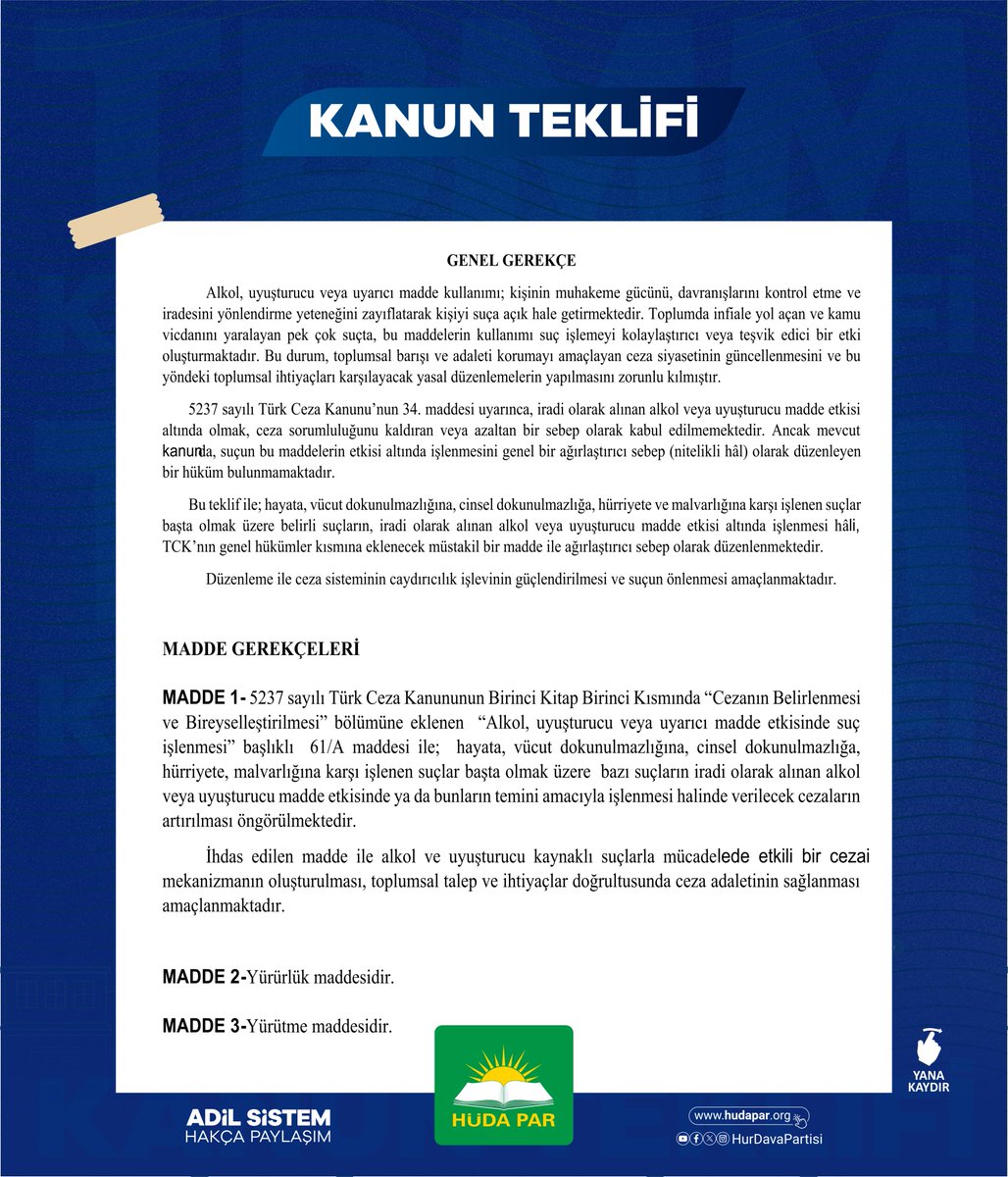 HurDavaPartisi's tweet photo. Alkol ve uyuşturucu etkisindeki suçların cezalarını artırmak amacıyla hazırlanan kanun teklifimiz; Genel Başkanımız Sayın Zekeriya Yapıcıoğlu, Milletvekillerimiz Serkan Ramanlı, Şahzade Demir ve Faruk Dinç'in imzasıyla TBMM Başkanlığına sunuldu. https://t.co/5wVi10DNGc