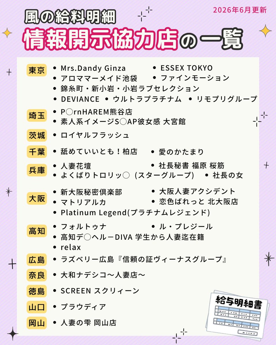 kaze__meisai's tweet photo. 【どこの店舗が情報開示しているの？】

情報開示協力店の一覧が更新されました♪
日本全国に広がっています✨

風の給与明細では、透明性の高い、情報プラットフォームを運営しております🙆‍♀️

業界の女性が、安心して働く環境を選べる社会になりますようにと、思いを込めて…💐

（2026年6月更新） https://t.co/SaCJ011Q9G