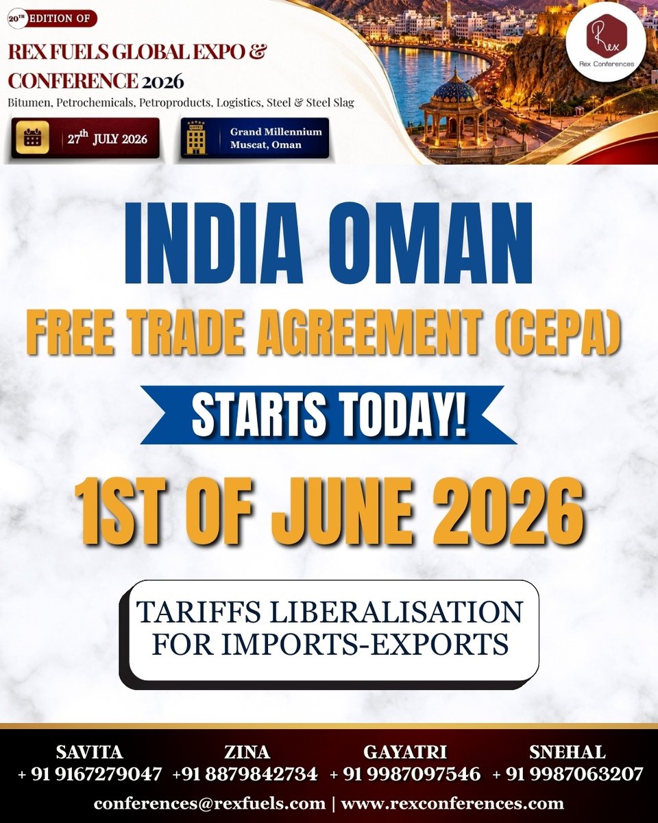 FuelsManagement's tweet photo. A new chapter in India–Oman trade relations begins today.
📅 27th July 2026
📍 Grand Millennium Muscat, Oman
Register Now: https://t.co/ThoJ081z7d
#IndiaOmanCEPA #RexFuels2026 #OmanBusiness https://t.co/GmsczgbQGb