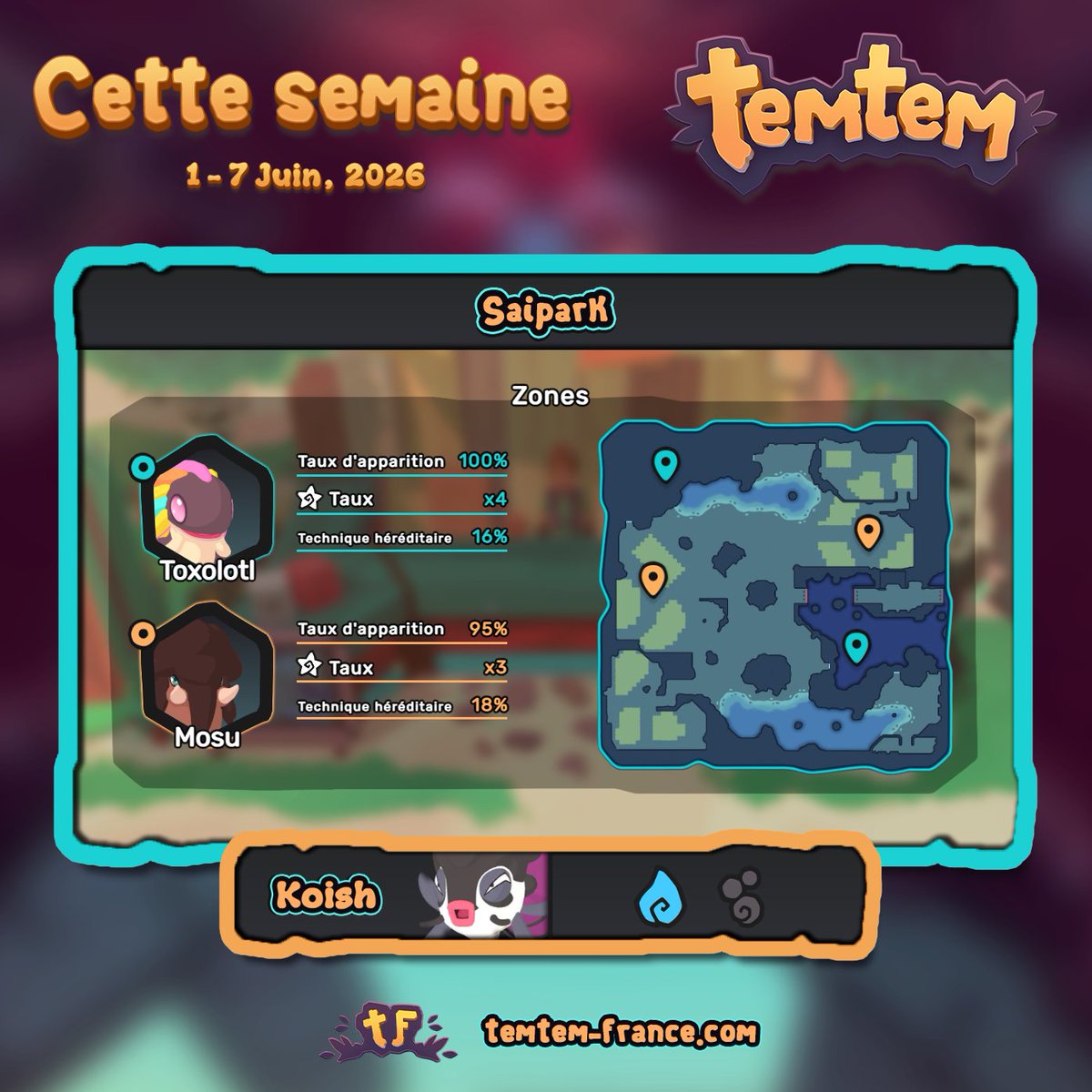 TemtemFrance's tweet photo. Cette semaine sur Temtem 🔌🦣 Configuration du 1 juin jusqu'au 7 juin 2026.
-
This week in Temtem 🔌🦣 This configuration will run from June 1st to June 7th, 2026.

👉 https://t.co/HLRMlf2g6I https://t.co/jcb2sEzmU4