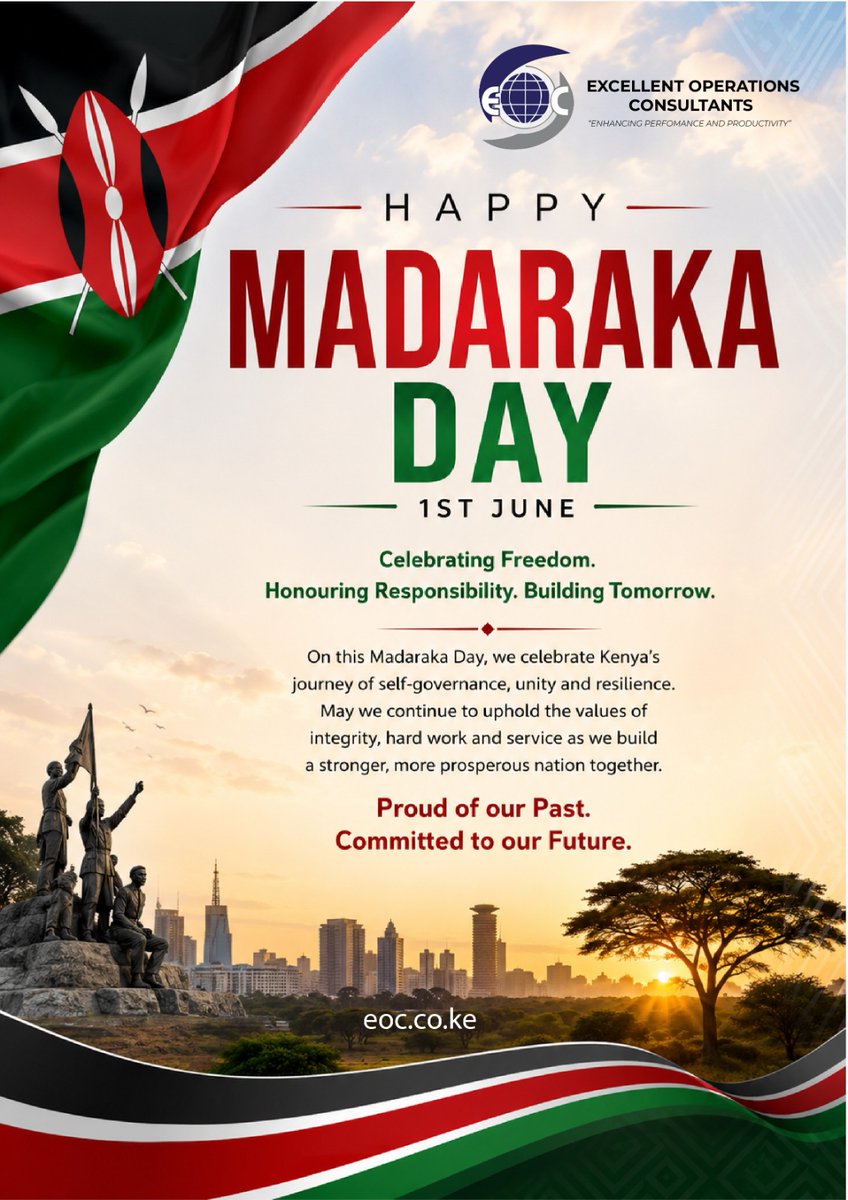 EOC_Ltd's tweet photo. Happy Madaraka Day 🇰🇪

Today we celebrate the spirit of unity, freedom, and equal opportunity for all Kenyans. Together, we continue building a more inclusive and equitable nation.

#MadarakaDay2026 #EOC https://t.co/S4SqTYG4ud