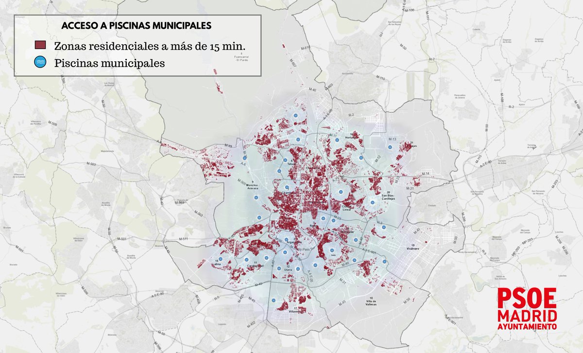 giraldeo's tweet photo. Madrid dispone de 25 piscinas municipales para 3.5 M de habitantes (ZGZ 22 para 800k), pero es cierto que algunos tienen piscina privada. Veamos mapas, y veamos isla de calor. Hilo🧵

En rojo: edificios residenciales sin piscina privada, a más de 15 min de una piscina pública. https://t.co/O7NgbXzNB7