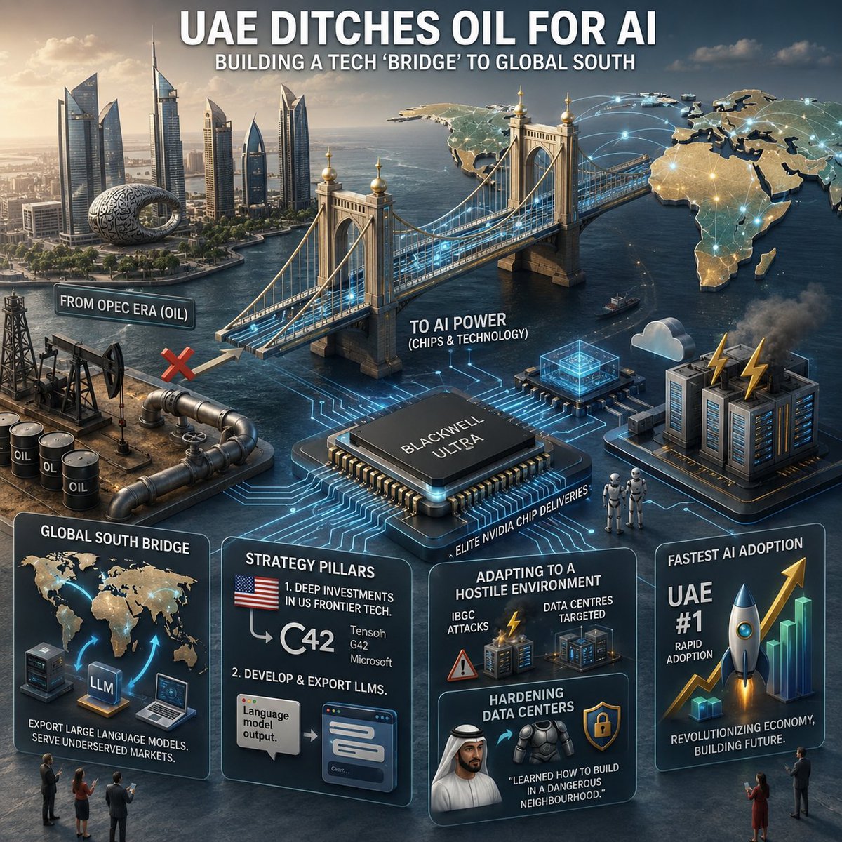 TheEuropeanUC's tweet photo. From oil giant to AI superpower 🇦🇪🚀🌐

By securing cutting-edge Nvidia Blackwell Ultra chips, the Gulf state aims to build a tech bridge to the Global South while hardening its infrastructure against regional cyber threats.

#UAE #AI #TechNews #Nvidia #TechBridge #Innovation https://t.co/pZYej6ZgKf