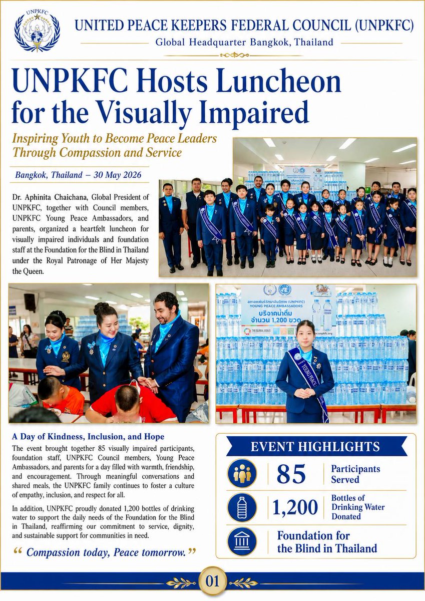 UNPKFC's tweet photo. UNPKFC Hosts Luncheon for the Visually Impaired, Inspiring Youth to Become Peace Leaders Through Compassion and Service

#unpkfc #Aphinitachaichana #FoundationfortheBlindinThailandundertheRoyalPatronageofHerMajestytheQueen https://t.co/W6fGSD2cn5
