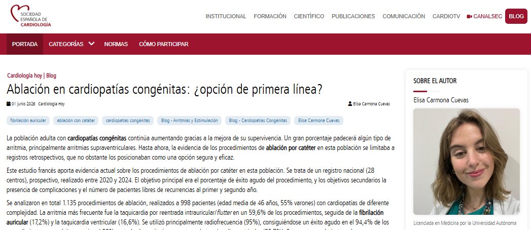 secardiologia's tweet photo. Elisa Carmona: "La ablación en pacientes con cardiopatías congénitas, pese a su heterogeneidad, alcanza tasas de éxito comparables a la población general, pero requiere una mayor planificación del procedimiento y realizarse en centros con experiencia. #BlogSEC @jovenesSEC https://t.co/pYTqJgPuv0