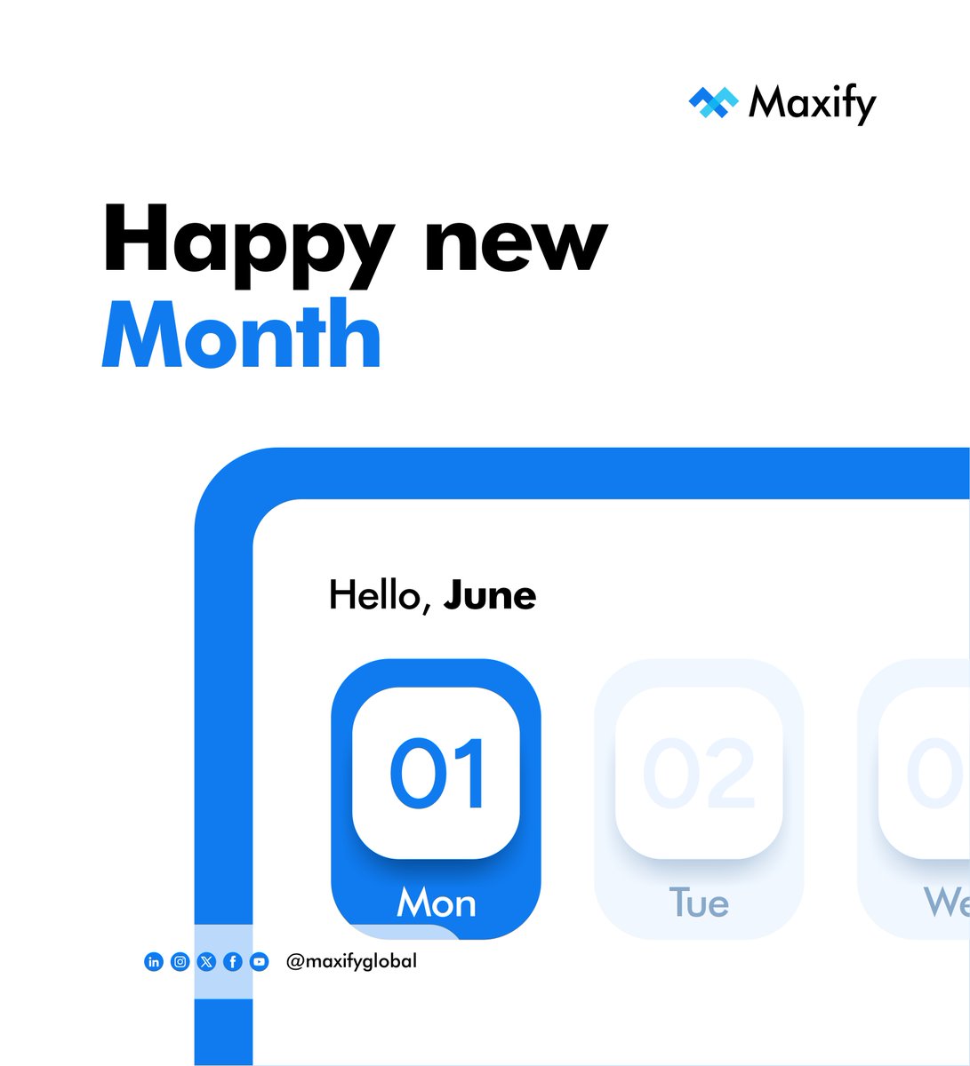 maxifyglobal's tweet photo. Happy New Month! 🎉
Half the year is already written. June gives us a fresh page to learn, build, and achieve more.
Wishing you clarity, momentum, and meaningful progress throughout the month.
#HelloJune #HappyNewMonth #June2026 #MaxifyGlobal #Growth #Innovation #Technology https://t.co/mTjYKv6vW2