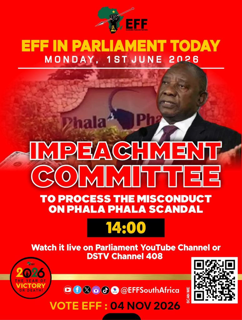 EFFSouthAfrica's tweet photo. ♦️Today in Parliament♦️

The impeachment committee investigating President Cyril Ramaphosa’s Phala Phala corruption scandal will meet today at 14:00 to elect its chairperson. https://t.co/CEJTDPBsX3