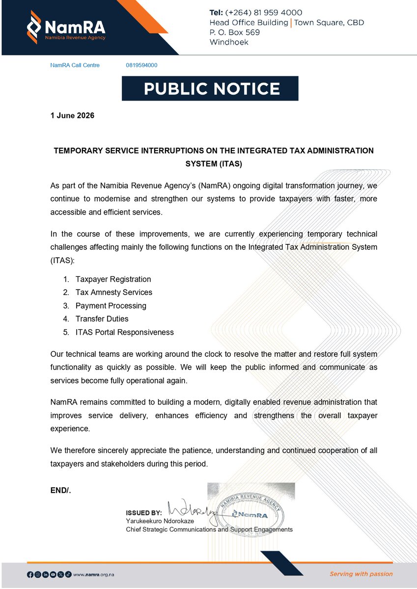 NamRA_org_na's tweet photo. 📢 Public Notice: Temporary Service Interruptions on the Integrated Tax Administration System (ITAS)

#NamRA #ITAS #ServiceUpdate #DigitalTransformation https://t.co/FHvqLiitWm