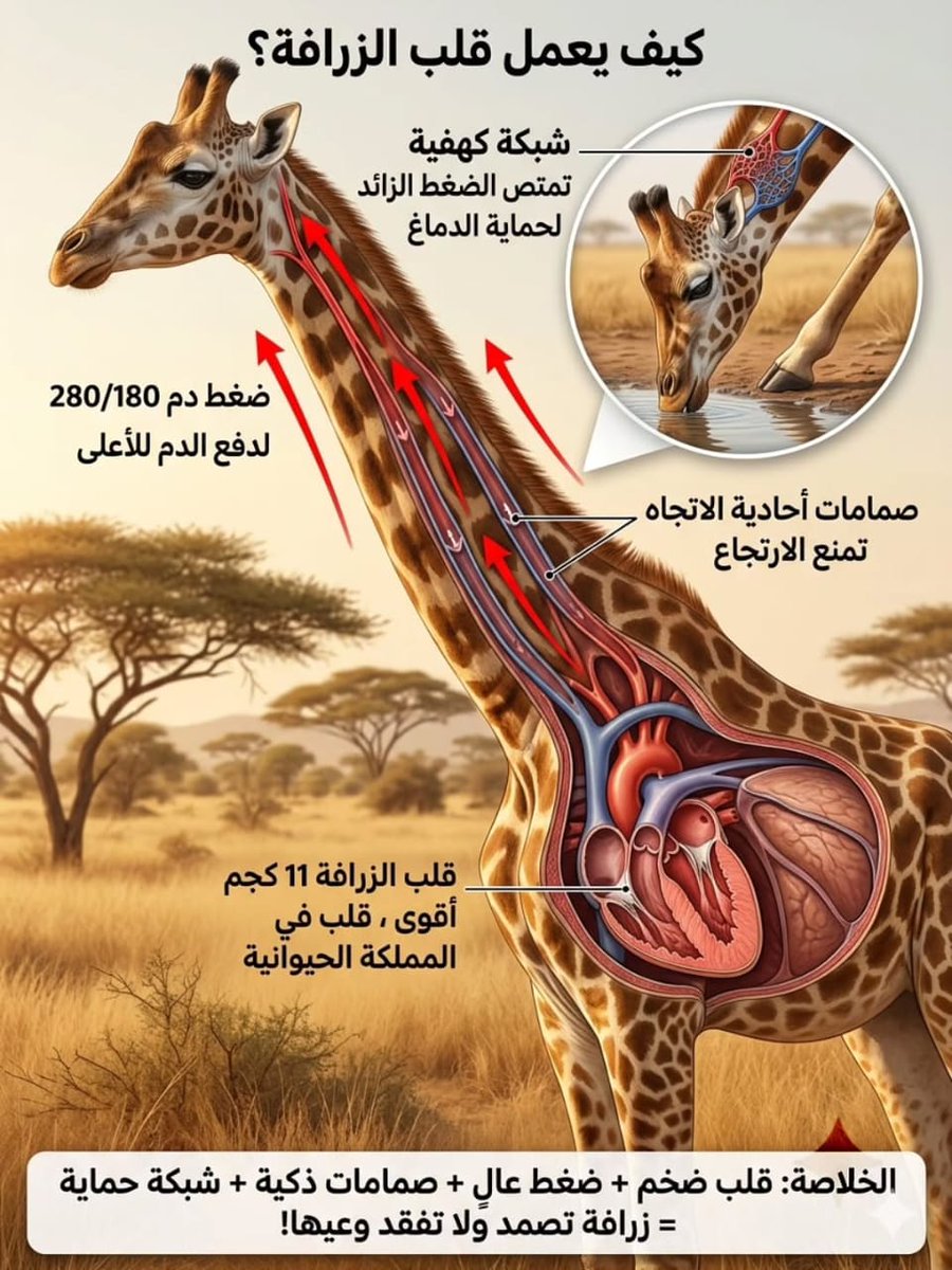 Bu_Said12's tweet photo. كيف يعمل قلب الزرافة؟ 🦒
قلب الزرافة 11 كجم - أقوى قلب بين الثدييات البرية
عضلة البطين الأيسر سميكة جداً • يضخ الدم ضد الجاذبية حتى الرأس (2-3 متر فوق القلب)
ضغط الدم 280/180 مم زئبق (أعلى ضغط في المملكة الحيوانية) https://t.co/jRhNCPk67t