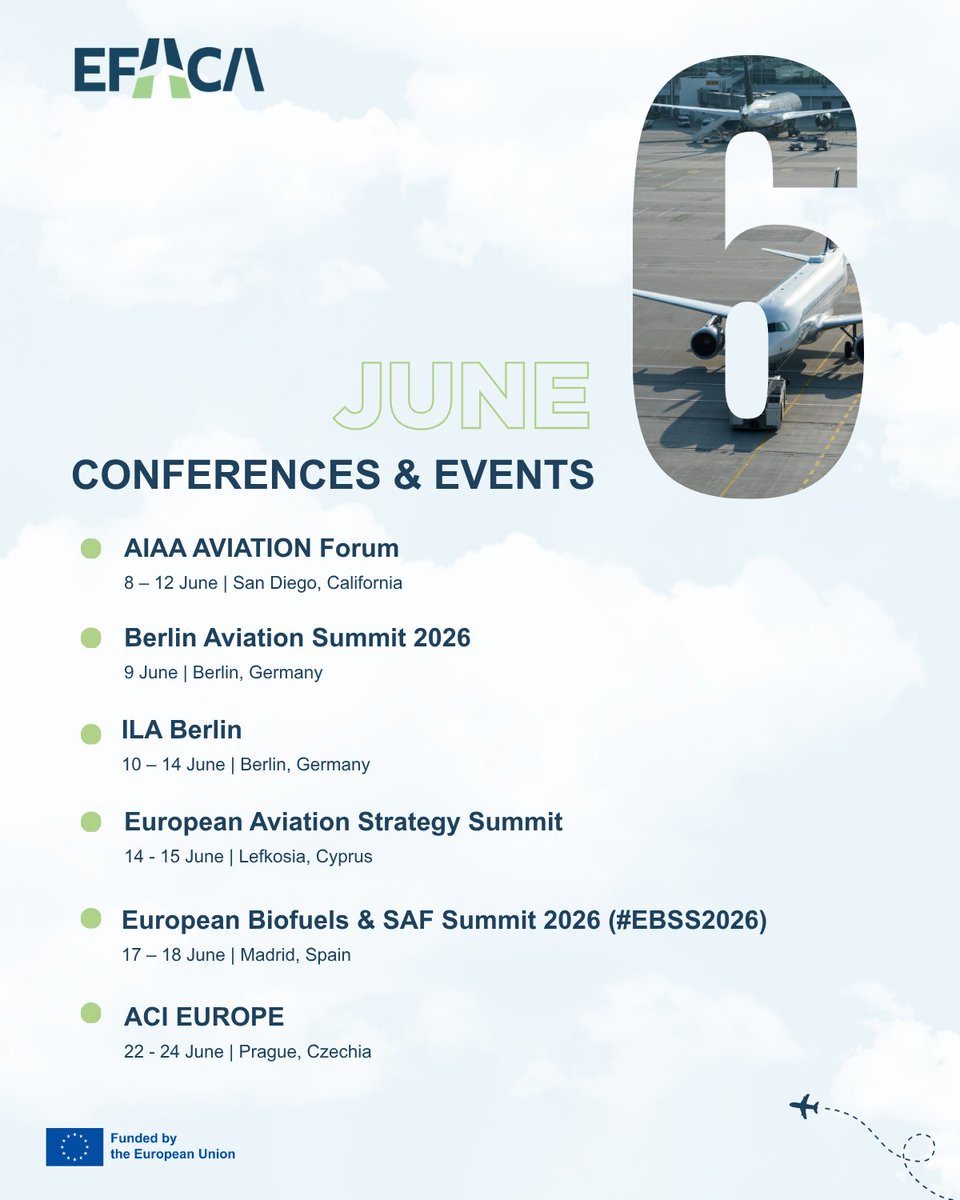 EFACAProject's tweet photo. Conference of the Month: June✈️

June is shaping up to be an important month for the aviation industry. From sustainability and SAF to aerospace innovation, these events will bring together industry leaders and experts. 

Will you be attending any of these events? 👇 https://t.co/Sf5PPt9xlf