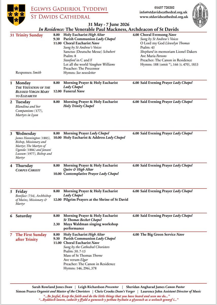 StDavidsCath's tweet photo. This week’s schedule of services - the cathedral choirs take a well earned rest this week following a glorious week of music @StDavidsFest. Choral services resume on Sunday 7th June https://t.co/EQG1xbhvIa