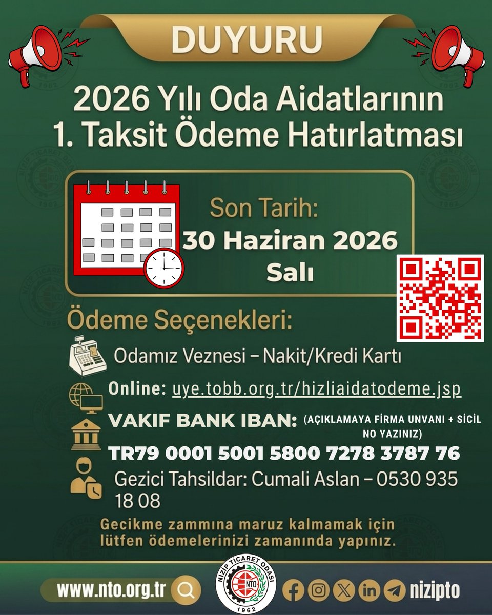 NizipTO's tweet photo. 📢 SAYIN ÜYELERİMİZİN DİKKATİNE!

💳 1- Odamız Veznesinden: Nakit veya Kredi Kartı ile,
🌐 2- Online Ödeme: https://t.co/6hVHv2ugxu adresinden,
🏦 3- Vakıf Bank IBAN: TR79 0001 5001 5800 7278 3787 76
👤 4- Gezici Tahsildar: Cumali Aslan (0530 935 18 08) ile iletişime geçerek. https://t.co/lBfXaTCBpu