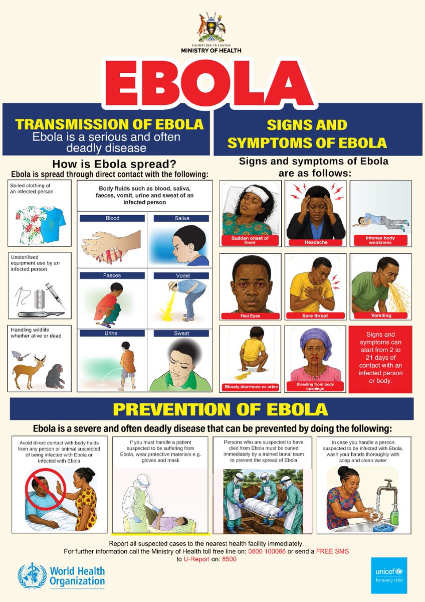UReportUganda's tweet photo. 🚨 Your quick action can save lives!
If you notice any suspected case of Ebola, don’t wait; report immediately to the nearest health facility. Early reporting helps stop the spread and protect your community.

📞 Call the Ministry of Health toll-free: 0800 100066
📩 Or send a FREE SMS to U-Report: 8500

🦠Ebola spreads through direct contact with bodily fluids (such as blood, saliva, sweat, vomit, or urine) of an infected person, contaminated surfaces, or infected animals.
Stay alert. Act fast. 💙
@UNICEFUganda @MinofHealthUG