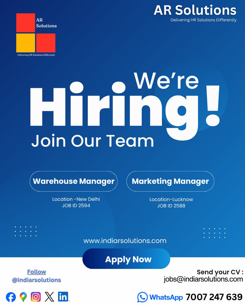 indiarsolutions's tweet photo. Exciting opportunities waiting for you in #Newdelhi and #Lucknow

📦 Warehouse Manager (New Delhi) -Job ID: 2594

📈 Marketing Manager (Lucknow) -Job ID: 2588

CV: jobs@indiarsolutions.com

#ARSolutions #Hiring #WarehouseManager #MarketingManager #NewDelhiJobs #LucknowJobs https://t.co/yaQy36uPAS