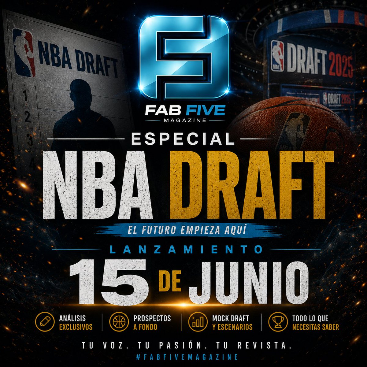 fabfivemagazine's tweet photo. Ya estamos en junio. Y eso significa que el Draft se acerca.  Por eso ya podemos anunciar la fecha de lanzamiento de nuestro Especial Draft 2026.
8⃣días antes del gran evento. 8⃣ días para estudiar, descubrir prospects y disfrutar de la revista. La pregunta es: ¿Podréis esperar? https://t.co/SdqqCihMPC