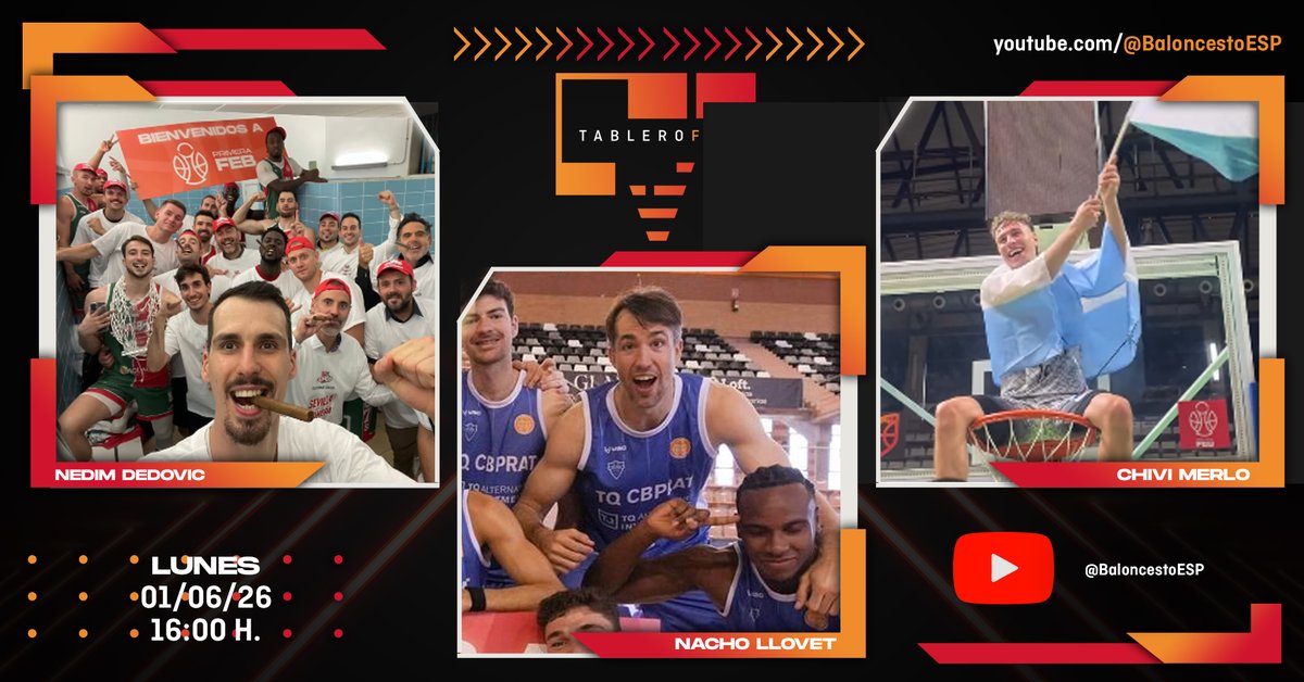 CompeticionFEB's tweet photo. ❤️ @Youtube | Un espectacular #TableroFEB llega esta tarde, en directo (16h) 💥

⤴️ #PlayoffsSegundaFEB:
✅ @nedimdjeda16 - @caja87basket
✅ @chivimerlo10 - @AlbaceteBasket 

🏆 #FaseFinalTerceraFEB:
✅ @nachollovet - @CBPrat 

📺 Acompáñanos en directo ⬇
https://t.co/f8jaITAgzm https://t.co/zZC7pzBURb