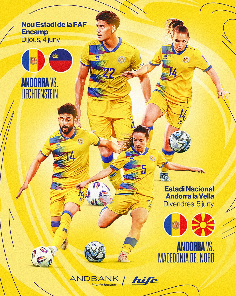 Fedandfut's tweet photo. 🔜 Estem davant una setmana de 2️⃣ partits internacionals!

🗓️ Dijous, a les 19.00h
⚽️ Selecció Masculina
🇦🇩 Andorra - 🇱🇮 Liechtenstein
🏟️ Nou Estadi de la FAF
🤝 Partit amistós

🗓️ Divendres, a les 19.30h
⚽️ Selecció Femenina
🇦🇩 Andorra - 🇲🇰 Macedònia del Nord
🏟️ Estadi Nacional
🏆 Women's European Qualifiers
🎟️ ENTRADA LLIURE
📺 https://t.co/unwIzBw294

#️⃣ #SomAndorra