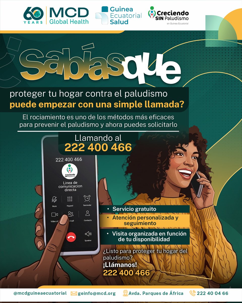 mcd_eg's tweet photo. ¿Sabías que proteger tu hogar contra el paludismo puede empezar con una simple llamada?
El rociamiento es uno de los métodos más eficaces para prevenir el paludismo. Solicítalo llamando al 222 400 466.
#saludguineaecuatorial #PNLP #eliminaciondelpaludismo #sabiasque https://t.co/N05X2mATmf