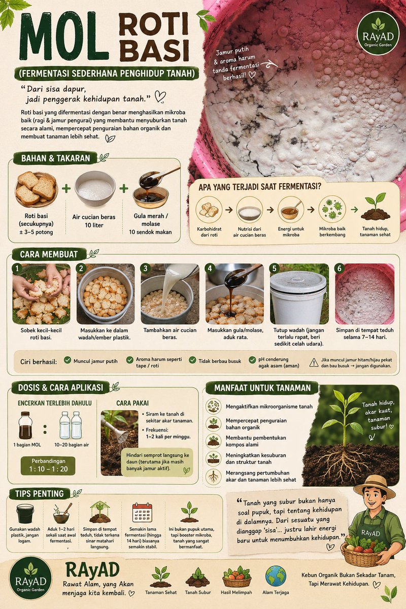 Excel_Dee's tweet photo. MOL ROTI BASI (Fermentasi Sederhana Penghidup Tanah)

Dari sisa dapur, jadi penggerak kehidupan tanah.

Banyak yang mengira roti basi itu sampah.
Padahal, kalau difermentasi dengan benar, bisa jadi MOL (Mikroorganisme Lokal) yang bermanfaat untuk tanaman.

Fermentasi ini menghasilkan mikroba baik seperti ragi dan jamur pengurai yang membantu menyuburkan tanah secara alami.

Bahan & Takaran
Roti basi secukupnya (± 3–5 potong)
Air cucian beras → 10 liter
Gula merah / molase → 10 sendok makan

Cara Membuat :
Sobek kecil-kecil roti basi
Masukkan ke dalam wadah tertutup (jangan terlalu rapat)
Tambahkan air cucian beras
Masukkan gula / molase, aduk rata
Tutup wadah (beri sedikit celah udara)
Simpan di tempat teduh selama 7–14 hari

Ciri berhasil :
Muncul jamur putih
Aroma harum seperti tape / roti
Tidak berbau busuk

Dosis & Cara Aplikasi :

Untuk penyiraman tanah :

Encerkan 1:10 – 1:20
(1 bagian MOL : 10–20 bagian air)

Cara pakai :

Siram ke tanah di sekitar akar

Frekuensi : 1–2 kali per minggu

Hindari semprot langsung ke daun (terutama jika masih banyak jamur aktif)

Manfaat untuk Tanaman

Mengaktifkan mikroorganisme tanah
Mempercepat penguraian bahan organik
Membantu pembentukan kompos alami
Meningkatkan kesuburan & struktur tanah
Merangsang pertumbuhan akar

Catatan Penting
Bau harus harum (tape/roti), bukan busuk
Jika muncul warna hitam/hijau pekat sebaiknya tidak digunakan

Ini bukan pupuk utama, tapi booster mikroba tanah

Tanah yang subur bukan hanya soal pupuk,
tapi tentang kehidupan di dalamnya.

Kadang, dari sesuatu yang dianggap “sisa”…
justru lahir energi baru untuk menumbuhkan kehidupan.

Semoga Bermanfaat...🤍💚