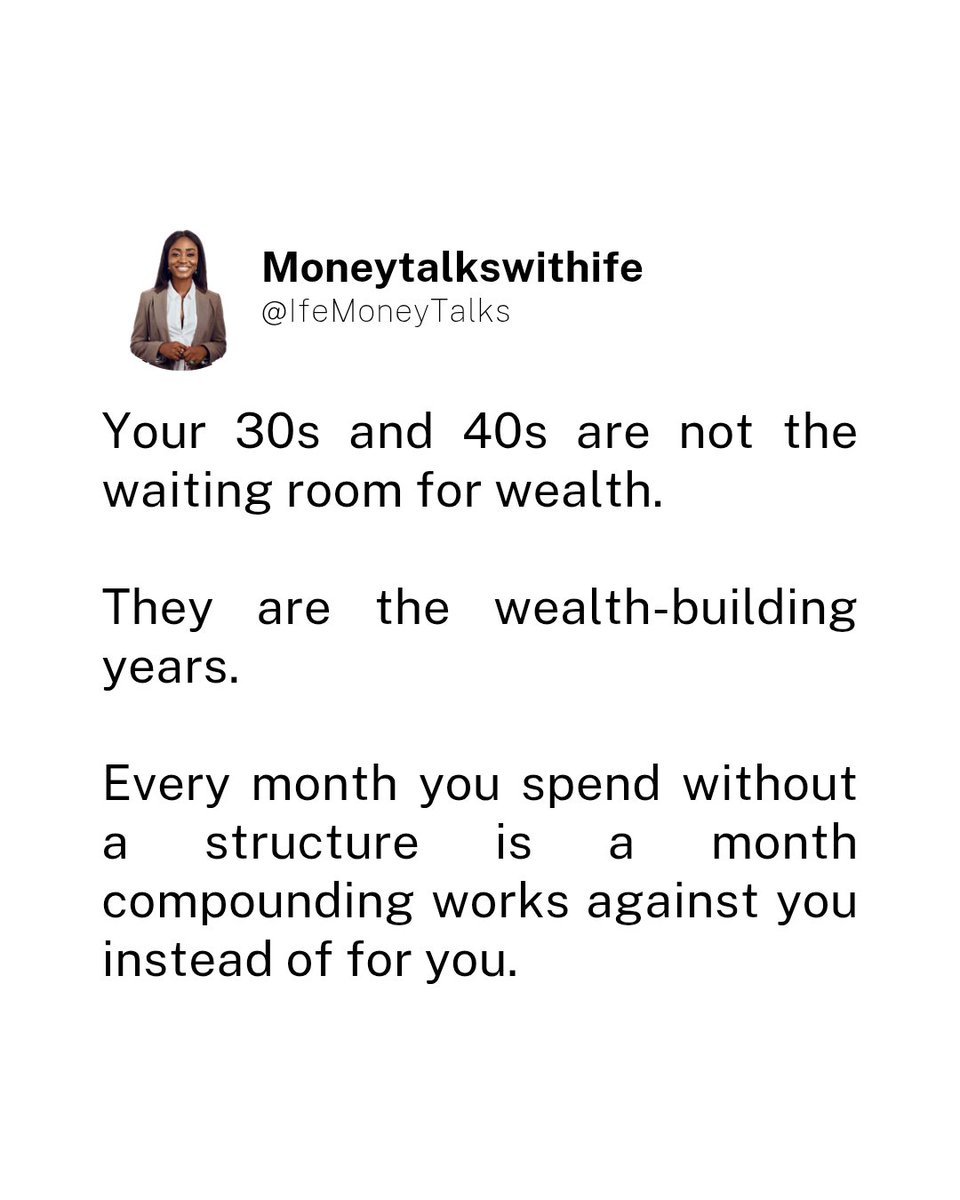 IfeMoneyTalks's tweet photo. Your 30s and 40s are when financial decisions start compounding.

The habits, investments, and structures you build now will shape your future wealth.

Income alone isn’t enough.
What matters is how intentionally you direct it.

#MoneyTalksWithIfe #PersonalFinance https://t.co/WVOtzNqnxT