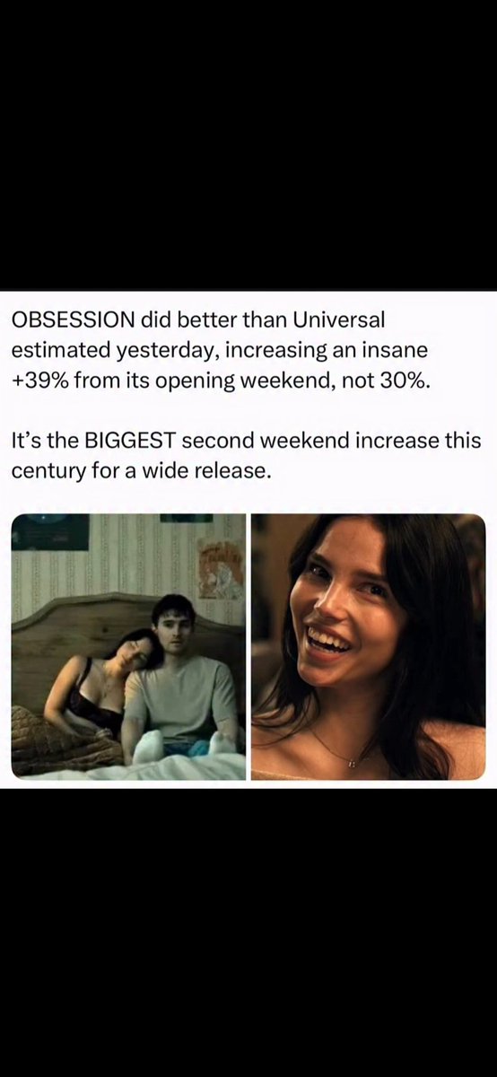 cine_companion's tweet photo. HOT HOT HOT RECOMMENDATION!
#Obsession is the second 5-star film of the year(After #ProjectHailMary).

An unhinged nightmare and a corker of a thriller that had me hooked and riveted in anxiety and awe.

With just 4 or 5 actors and a  meagre budget of under a million dollars, this is a wicked masterclass in filmmaking soaked in near-unbearable tension. Leave the kids at home and make time for this traumatic, thought-provoking trailblazer. Adult entertainment rarely gets better than this.

Ps- If there's any justice, #IndeNavarrette should be locked in for an #Oscar nomination, possibly even a win. It's a mind-boggling star-making performance that made my blood run cold.

Pps- Just how damn cool is it to see a small, unbranded, non-franchise film creating box office history? #ObsessionMovie alongside the hugely popular #Backrooms has re-written the rules of theatrical film consumption. Build it and they'll come in this bold, bright new future. @UniversalIND