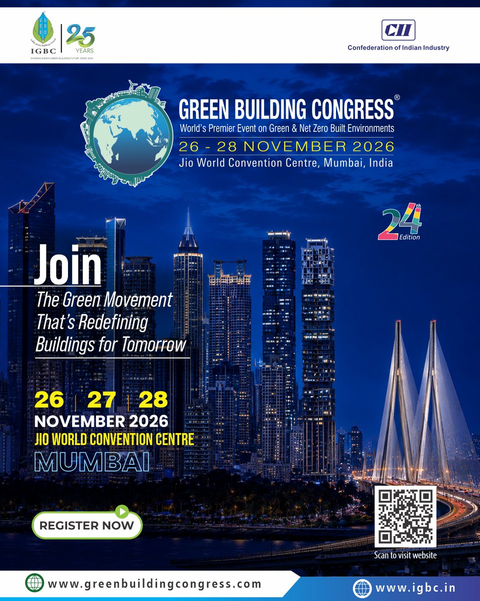 cii_igbc's tweet photo. The future belongs to those who build it sustainably. This #IGBCGreenBuildingCongress2026 EXPO showcases green products, solutions, and technologies, weaving the very fabric of a greener future.

 📅 26 – 28 November 2026
📍 @JWCCMumbai 
Register now: https://t.co/i9TcO6IcdA https://t.co/G0gd8yB1oH