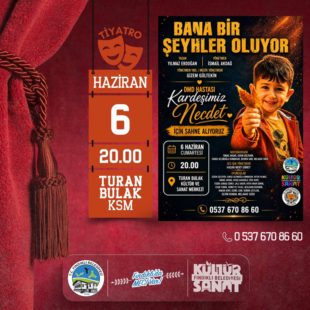 findiklibel's tweet photo. “Bana Bir Şeyler Oluyor” tiyatro oyunu ile, DMD hastası kardeşimiz Necdet’in umut dolu mücadelesine destek olmak için bir araya geliyoruz.

Sanatın dayanışmayla buluştuğu bu özel gecede, hem anlamlı bir oyuna tanıklık edecek hem de bir çocuğun hayatına umut olacağız.

📅 6 Haziran Cumartesi
🕗 20.00
📍 Turan Bulak Kültür ve Sanat Merkezi

Geliniz, alkışlarımızı bu kez yalnızca sahneye değil, iyiliğe ve dayanışmaya da gönderelim. 💛

📞 Bilgi ve rezervasyon: 0537 670 86 60