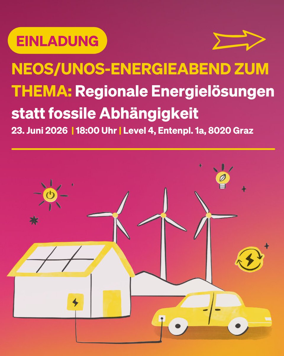 DoppelbauerK's tweet photo. 📣 Wir laden herzlich zu einem neuen NEOS/UNOS-Energieabend, zum Thema „Regionale Energielösungen statt fossile Abhängigkeit“ in Graz am 23. Juni ab 18:00 Uhr ein.

Mehr Infos und Link zur Anmeldung findest du hier: https://t.co/DLZ2j8K88R https://t.co/vjx1d7S8UQ