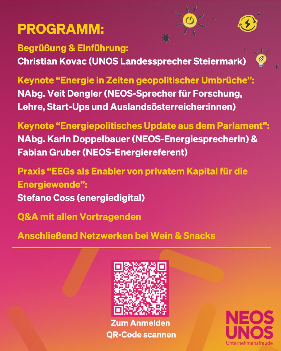 DoppelbauerK's tweet photo. 📣 Wir laden herzlich zu einem neuen NEOS/UNOS-Energieabend, zum Thema „Regionale Energielösungen statt fossile Abhängigkeit“ in Graz am 23. Juni ab 18:00 Uhr ein.

Mehr Infos und Link zur Anmeldung findest du hier: https://t.co/DLZ2j8K88R https://t.co/vjx1d7S8UQ