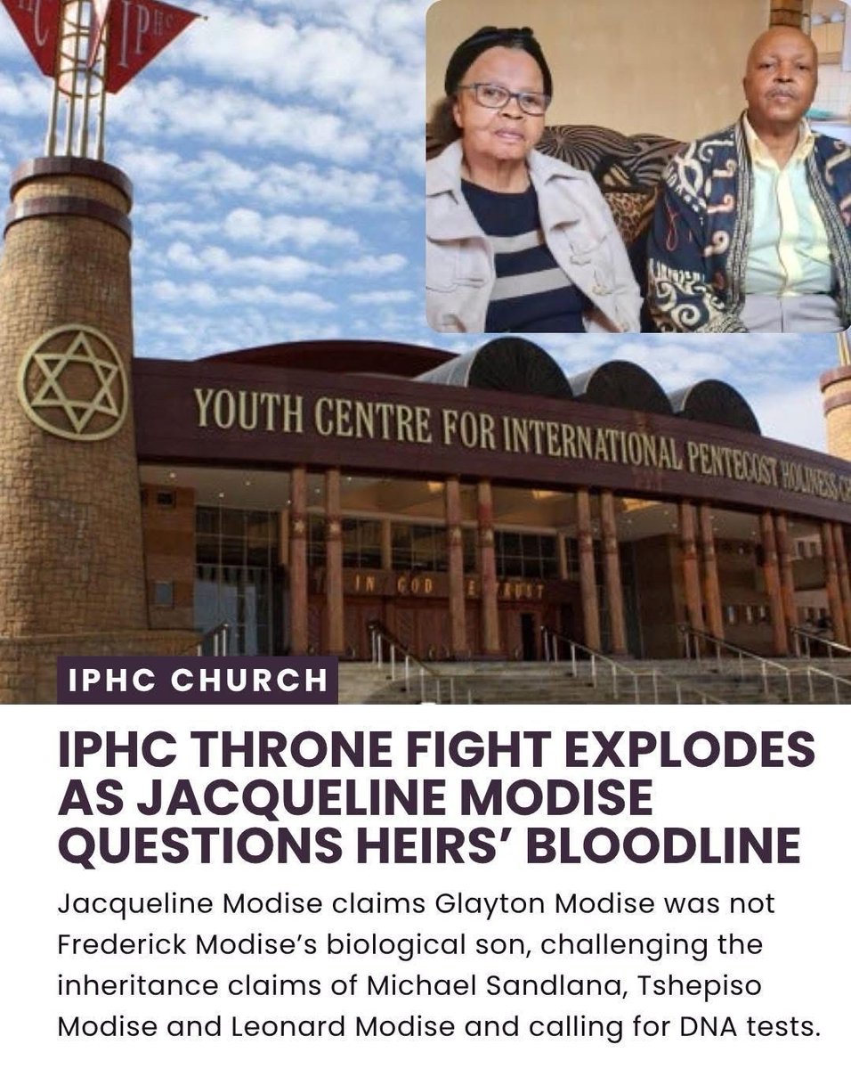 vision6000_'s tweet photo. A multimillion-rand church empire has become the focus of a renewed succession dispute within the International Pentecostal Holiness Church (IPHC), as tensions rise over questions of family lineage in the Modise family.

Jacqueline Modise, the daughter of founder Frederick Modise, has alleged that Glayton Modise was not his biological son, raising challenges to the inheritance claims of Michael Sandlana, Tshepiso Modise, and Leonard Modise. She is also urging that DNA testing be conducted to help settle the ongoing dispute over the church founder’s estate.
