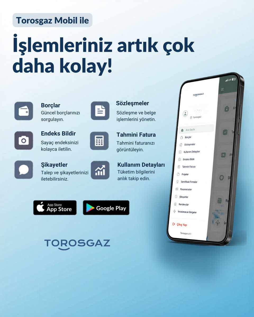 Torosdogalgaz's tweet photo. 📱 Torosgaz Mobil ile işlemler cebinizde!
✔ Borç sorgulama
✔ Endeks bildirimi
✔ Tahmini fatura
✔ Sözleşme işlemleri
✔ Randevu ve şikayet başvuruları
Doğal gaz işlemlerinizi istediğiniz yerden hızlı ve kolay yönetin.
#Torosgaz #TorosgazMobil #Onlineİşlemler #EndeksBildirimi https://t.co/kJG78iYLKe