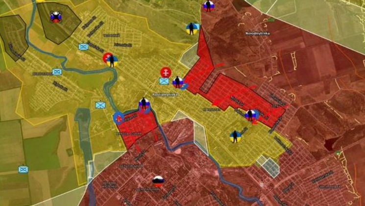 JanPraet1's tweet photo. Het Russische leger is nog eens duizend meter opgerukt in het centrum van Konstyantynivka. De noordelijke en noordwestelijke flank wordt verder uitgebouwd om de ketel te vergroten waarin de Oekraïners nu steeds meer terechtkomen, omsingeling dreigt. #Donbass #Ukrainewar https://t.co/SmDvEfnxYL