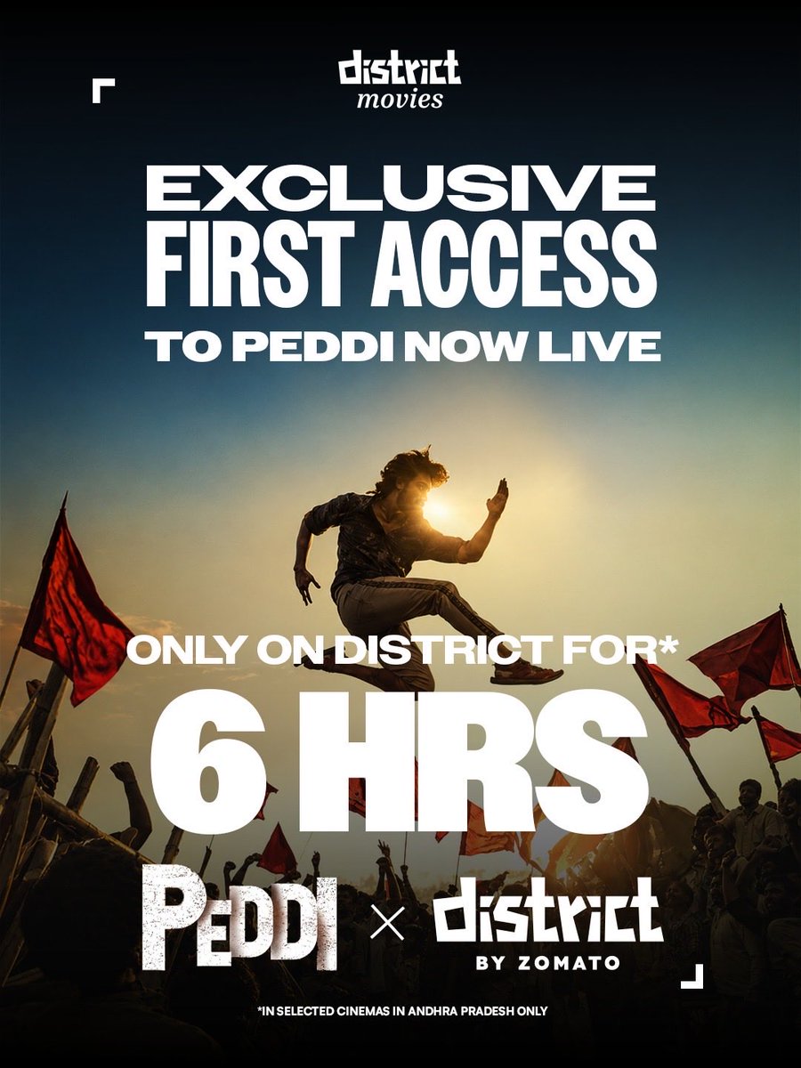 district_india's tweet photo. Andhra Pradesh 🚨 
Peddi tickets are LIVE exclusively on District for the next 6 hours before anyone else gets access. 🔐

First come, first served. Select cinemas across.

Book now on District 👇🏻

https://t.co/BOy3vXuUmw

#PEDDI #peddionlyondistrict
#PeddiOnJune04 #RamCharan
#DistrictUpdates #DistrictIndia