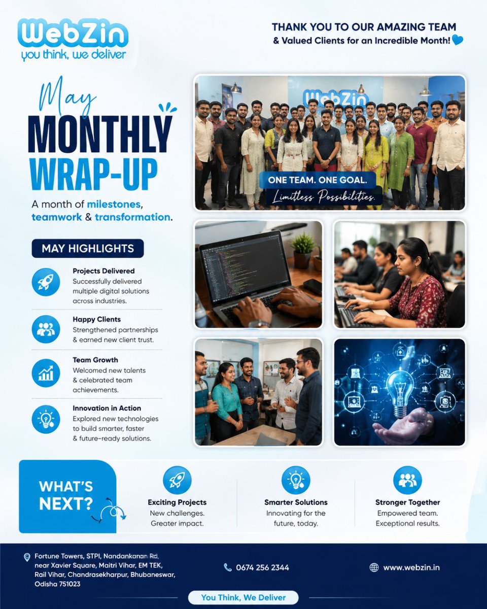 webzinin's tweet photo. 🚀 May was full of milestones at Webzin Infotech!

✅ Project Deliveries
✅ Team Growth
✅ Happy Clients

Thank you to our amazing team and clients for making it a successful month. Here's to bigger achievements ahead! 🌟

#WebzinInfotech #MonthlyWrapUp #TeamSuccess https://t.co/jCCq8tSdKd