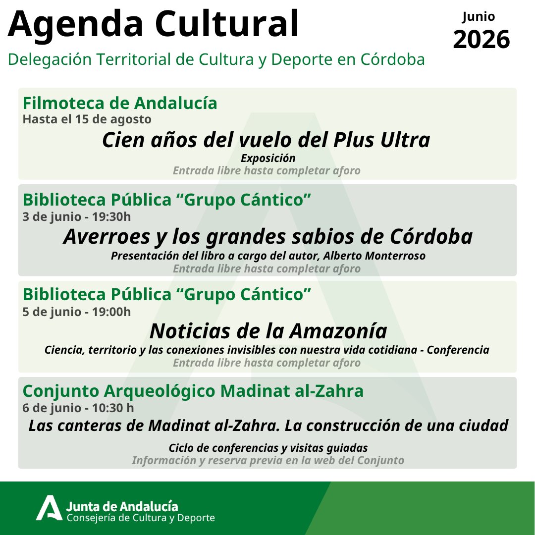 MusArqCordoba's tweet photo. #PlanCCUL|📣 Agenda de junio de las instituciones culturales de la Junta de Andalucía en Córdoba.
🎭🎨🎶 Exposiciones, conciertos, conferencias y más te esperan en nuestra agenda cultural.
➕ ℹ️ En el canal de Whatsapp: 👇
https://t.co/lPuGpkAZy0
@CulturaAND @JuntaCordoba https://t.co/FkjWmyE11G