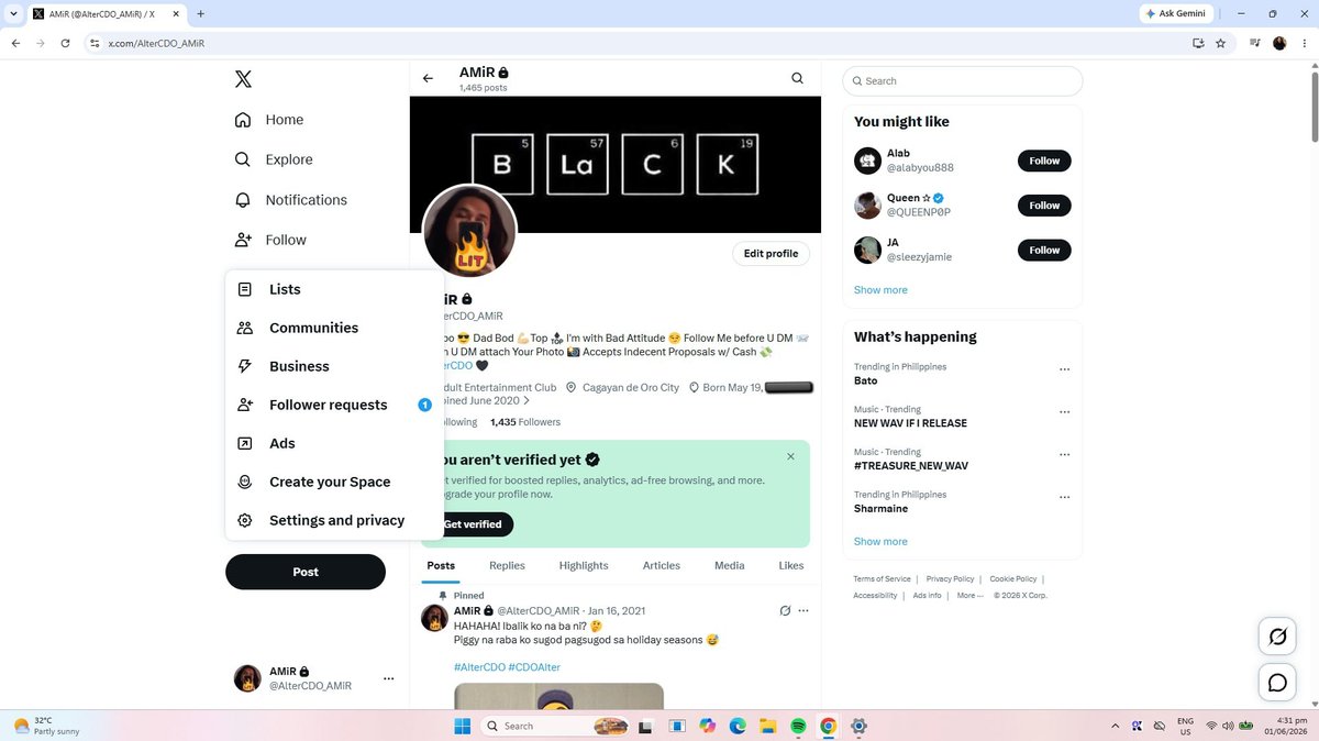 AlterCDO_AMiR's tweet photo. so sa web ra nato makita atong follow requests. tho makita na ang message requests sa mobile.
hago kay si X kay need pa ta mag web, haha 😅

#altercdo #CDOAlter #alterphilippines #alterph #alterpinoy #alterbooking #alter https://t.co/tKd7lpGoKa