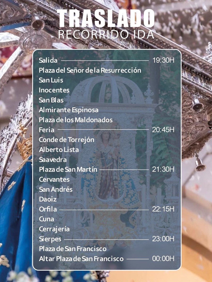 HdadHiniesta's tweet photo. 🔵 HORARIOS E ITINERARIOS | TRASLADO Y REGRESO DE MARÍA STMA. DE LA HINIESTA GLORIOSA CORONADA

🗓 A continuación publicamos los horarios e itinerarios tanto del traslado de ida como de la procesión de regreso de María Stma. de la Hiniesta Gloriosa Coronada entre la Iglesia de Santa Marina y la Plaza de San Francisco.

➡️ Miércoles 3 de junio – Traslado de ida a la Plaza de San Francisco

⬅️ Jueves 4 de junio – Procesión de regreso a la Iglesia de Santa Marina

📍Consulta en las siguientes imágenes todos los horarios y recorridos de ambos días.

🎺 El acompañamiento musical del paso de la Santísima Virgen durante ambos recorridos estará a cargo de la @BandaMairena . Asimismo, abriendo paso al cortejo en la ida, participará la Agrupación Musical María Santísima de las Angustias Coronada.

#SoydeLaHiniesta