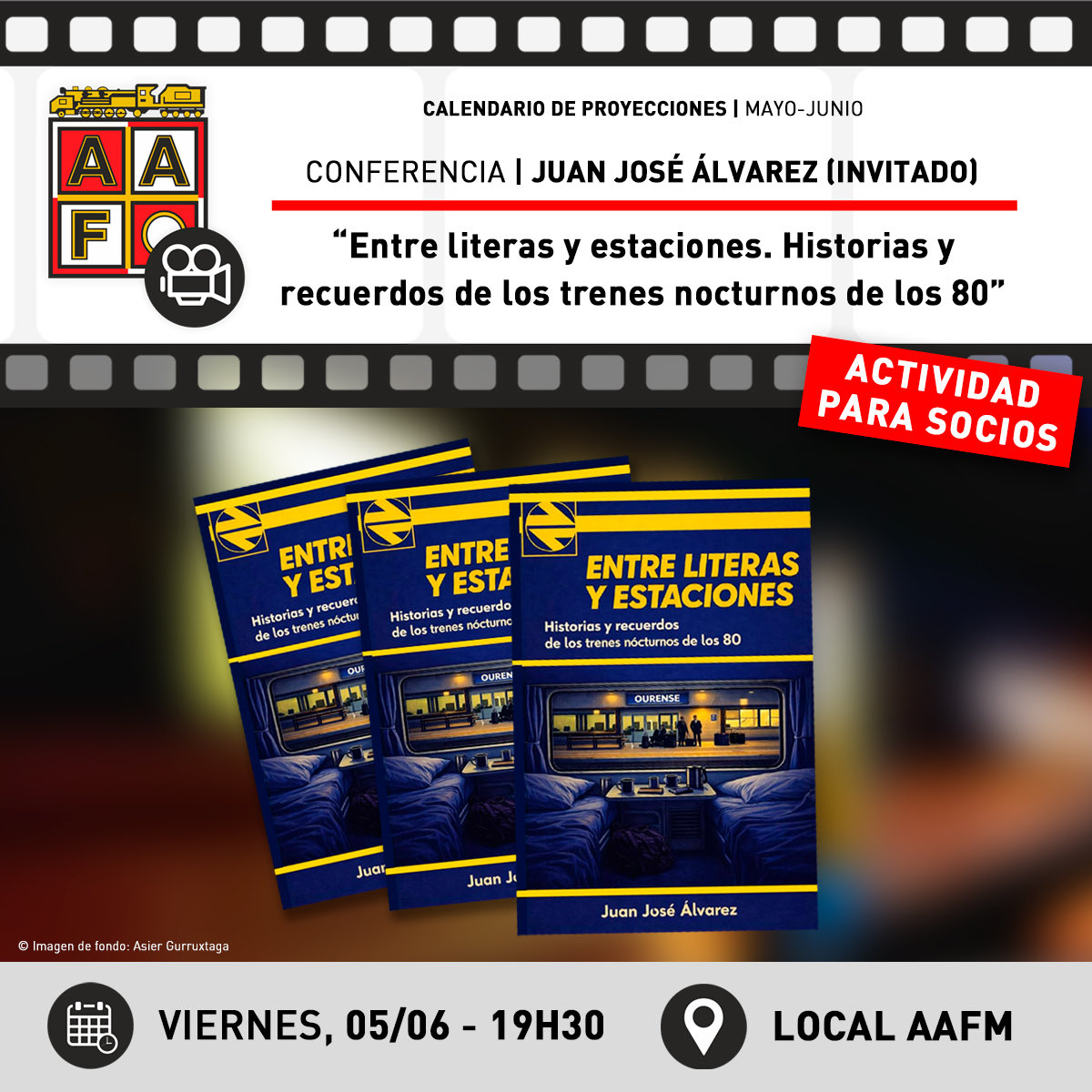 AAFMadrid's tweet photo. @EMTmadrid 🔜 “Entre literas y estaciones. Historias y recuerdos de los trenes nocturnos españoles de los años 80”, Juan José Álvarez Fernández (invitado)

📆🕒 Viernes, 5 de junio, 19h30

📍 Sala de proyecciones del local social

ℹ️ https://t.co/oY2nwb69We https://t.co/A7nbOpqEw8
