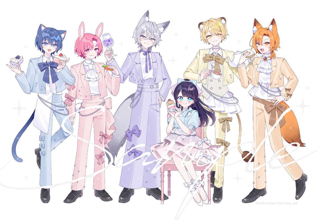 siroko_mk's tweet photo. 「ケモカフェ！」ひみつのティーパーティーフェアにてドレスアップした6人を描かせていただいております！

よろしくお願いします🫖✨️ https://t.co/I2q97y700D