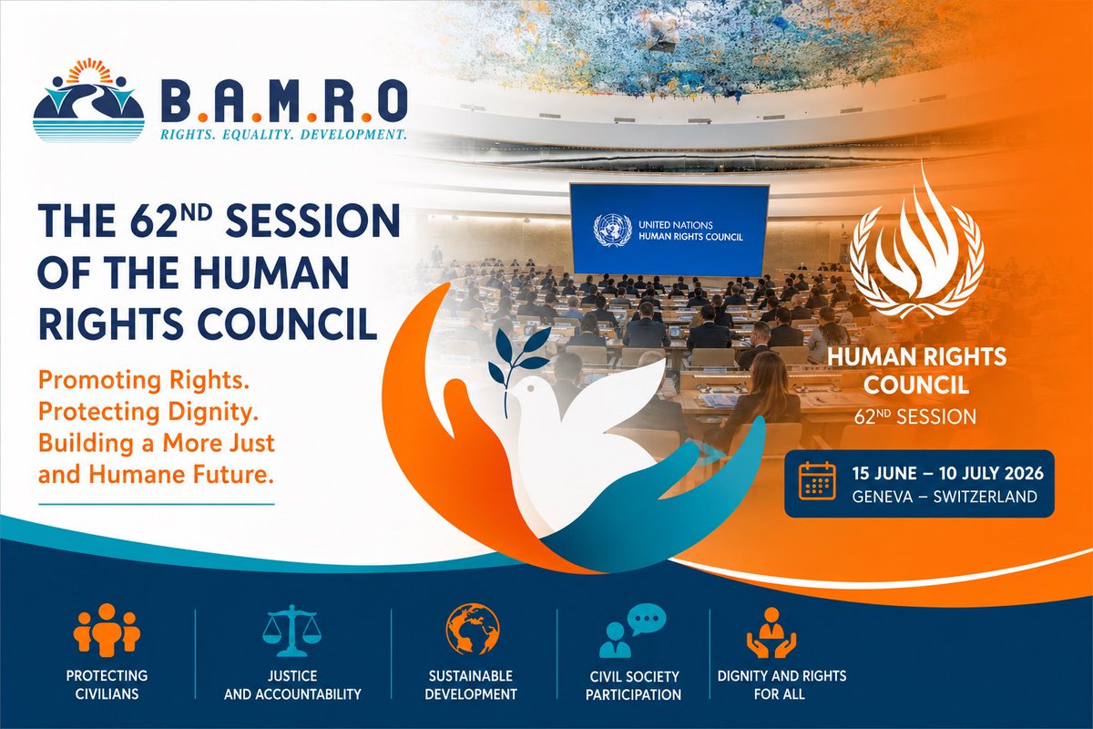 BamroOrg's tweet photo. La 62e session du Conseil des droits de l’homme : défis mondiaux des droits humains et perspectives de coopération internationale
Rapport analytique publié par l’Association Belge des Droits de l’Homme et du Développement #BAMRO  Organisation dotée du statut consultatif auprès du Conseil économique et social des Nations Unies (ECOSOC)
Introduction
À l’approche de la 62e session du Conseil des droits de l’homme des Nations Unies, qui se tiendra à Genève du 15 juin au 10 juillet 2026, l’attention de la communauté internationale se porte sur l’une des plus importantes plateformes mondiales consacrées à la promotion et à la protection des droits humains. Cette session intervient dans un contexte marqué par la persistance de nombreuses crises humanitaires, de conflits armés et de défis croissants en matière de droits humains, imposant à la communauté internationale une responsabilité renouvelée pour garantir le respect de la dignité humaine et la protection des droits fondamentaux.
Le Conseil des droits de l’homme constitue le principal mécanisme des Nations Unies chargé du suivi de la situation des droits humains à travers le monde, grâce à ses sessions régulières, ses procédures spéciales, ses mécanismes de contrôle et sa contribution au développement des normes internationales relatives aux droits humains.
Premièrement : Présentation de la 62e session du Conseil des droits de l’homme
La 62e session est l’une des sessions ordinaires du Conseil des droits de l’homme. Elle réunit les États membres, les États observateurs, les organes des Nations Unies, les institutions nationales des droits de l’homme ainsi que les organisations de la société civile accréditées.
Cette session vise à examiner les principaux défis mondiaux en matière de droits humains, à étudier les rapports des rapporteurs spéciaux et des experts indépendants, ainsi qu’à adopter des résolutions et recommandations destinées à renforcer la protection et la promotion des droits humains au niveau international.
Son importance est renforcée par la multiplication des crises humanitaires, l’aggravation des conflits armés, les défis liés aux migrations forcées, aux changements climatiques et aux nouvelles technologies ainsi que leurs répercussions sur les droits et libertés fondamentaux.
Deuxièmement : Les principaux dossiers inscrits à l’ordre du jour
1. La protection des civils dans les conflits armés
Les conflits armés continuent de représenter un défi majeur pour le droit international humanitaire. De nombreuses régions du monde connaissent une augmentation du nombre de victimes civiles, la destruction des infrastructures essentielles et des restrictions à l’accès de l’aide humanitaire.
Cette question devrait occuper une place importante lors de la session, avec un accent particulier sur le respect du droit international humanitaire et la lutte contre l’impunité.
2. La crise humanitaire au Soudan
La situation au Soudan demeure une source de profonde préoccupation pour la communauté internationale en raison de la poursuite du conflit, de l’augmentation des déplacements forcés et de la détérioration des services essentiels.
Les discussions devraient porter sur la protection des civils, l’accès humanitaire et les mécanismes de responsabilité.
3. La situation des droits humains dans les territoires palestiniens occupés
La question palestinienne reste un sujet permanent à l’ordre du jour du Conseil, avec une attention particulière portée à la protection des civils et au respect du droit international humanitaire ainsi que du droit international des droits de l’homme.
4. Les changements climatiques et les droits humains
Les changements climatiques constituent aujourd’hui l’un des défis majeurs en matière de droits humains, en raison de leurs effets directs sur le droit à la vie, à la santé, à l’alimentation, à l’eau, au logement et au développement durable.
5. La technologie et l’intelligence artificielle.